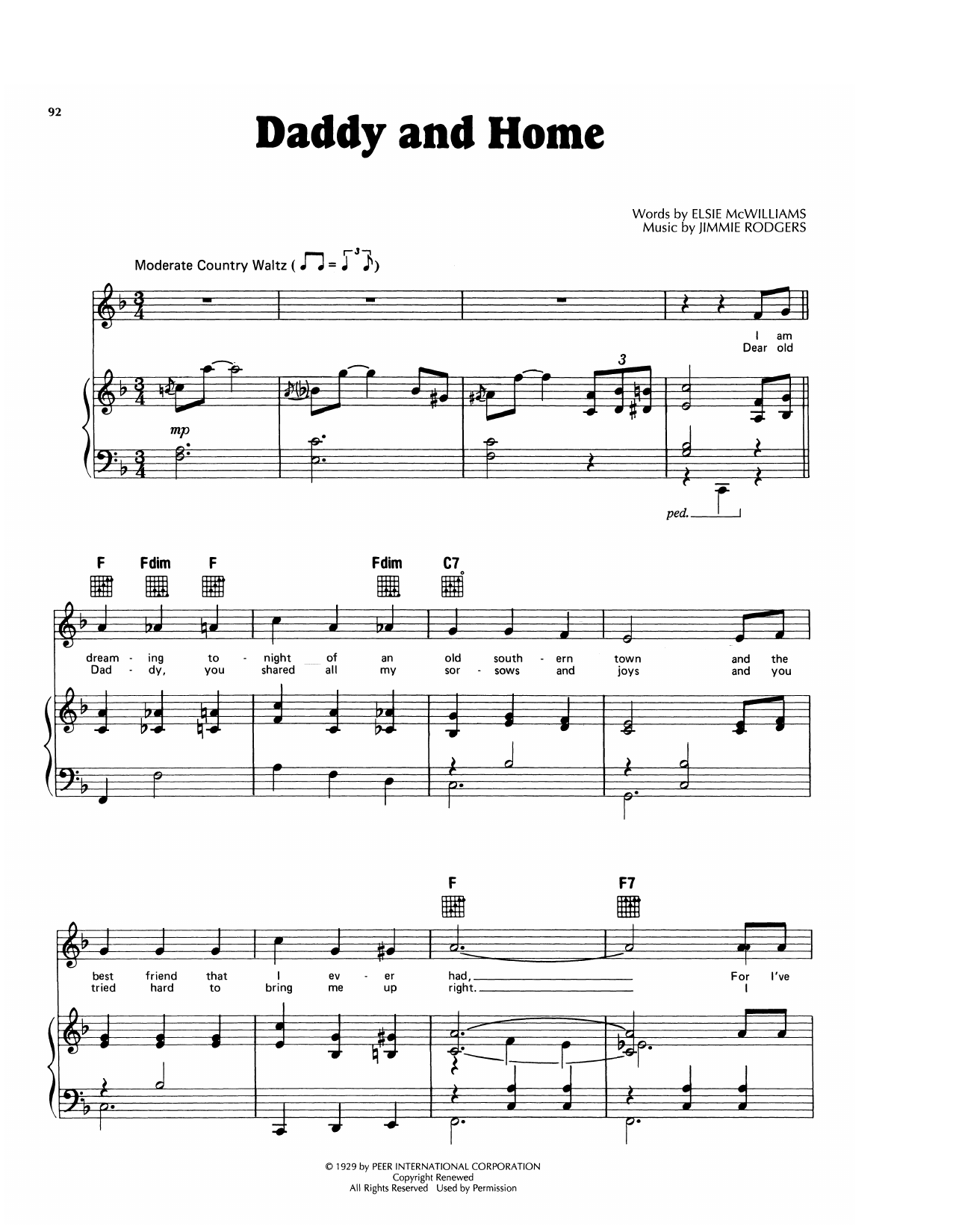 Jimmie Rodgers Daddy And Home sheet music notes and chords arranged for Piano, Vocal & Guitar Chords (Right-Hand Melody)