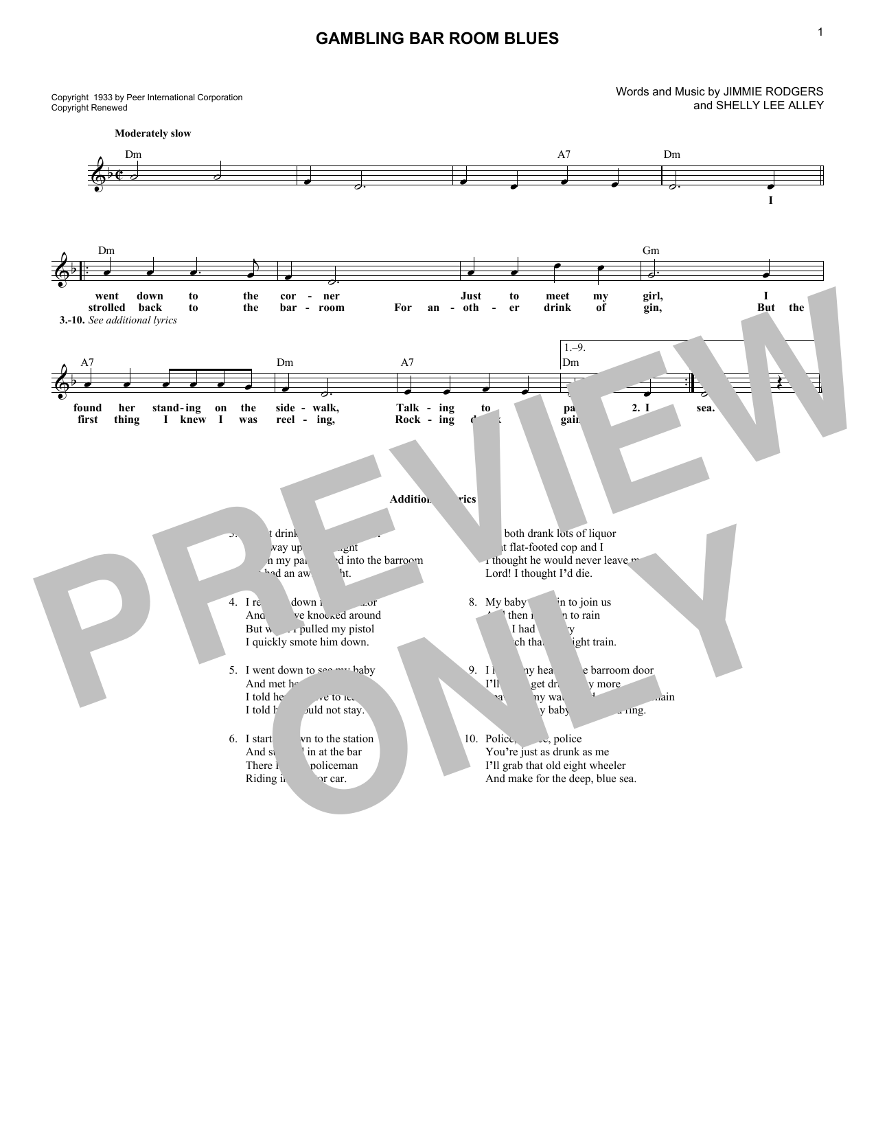 Jimmie Rodgers Gambling Bar Room Blues sheet music notes and chords arranged for Lead Sheet / Fake Book