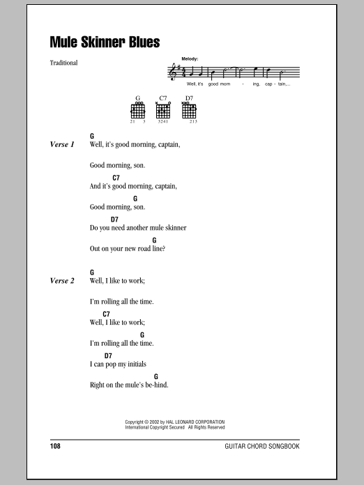 Jimmie Rodgers Mule Skinner Blues sheet music notes and chords arranged for Guitar Chords/Lyrics