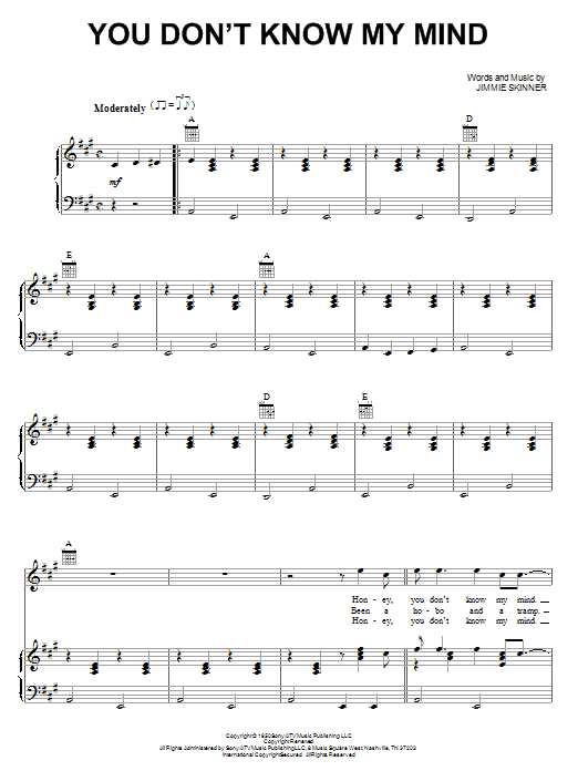 Jimmie Skinner You Don't Know My Mind sheet music notes and chords arranged for Piano, Vocal & Guitar Chords (Right-Hand Melody)