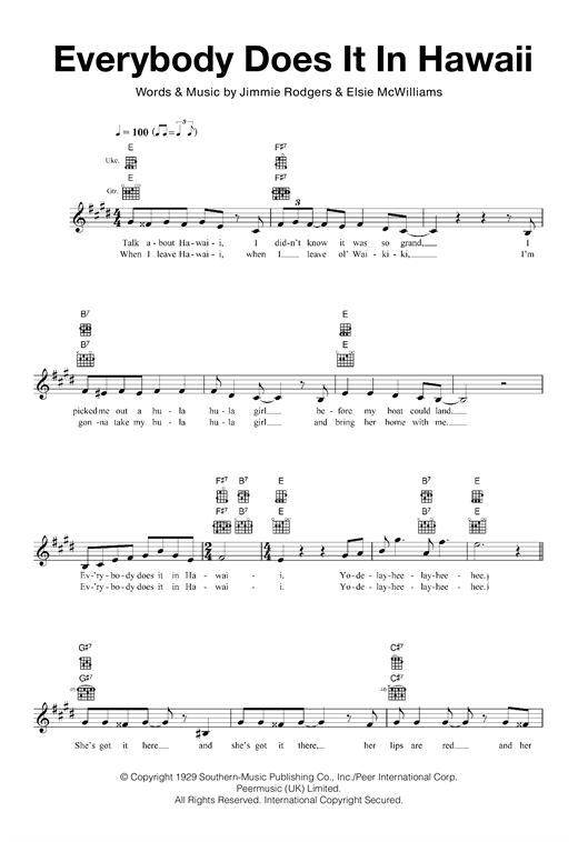 Jimmie Rodgers Everybody Does It In Hawaii sheet music notes and chords arranged for Ukulele
