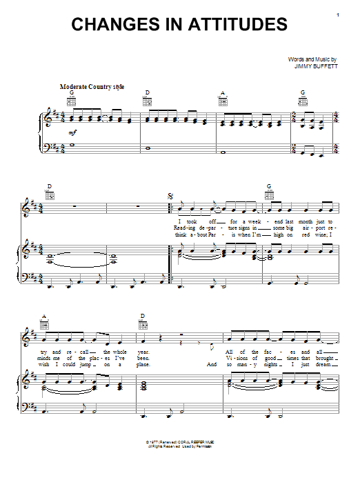 Jimmy Buffett Changes In Attitudes sheet music notes and chords arranged for Piano, Vocal & Guitar Chords (Right-Hand Melody)