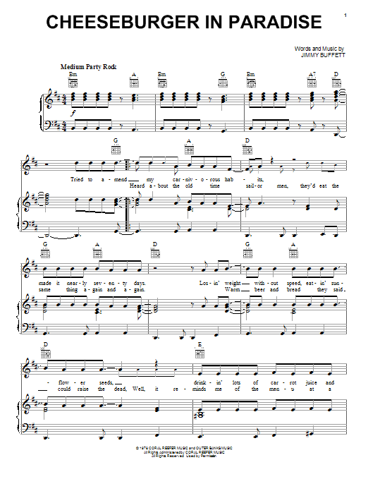 Jimmy Buffett Cheeseburger In Paradise sheet music notes and chords arranged for Piano, Vocal & Guitar Chords (Right-Hand Melody)