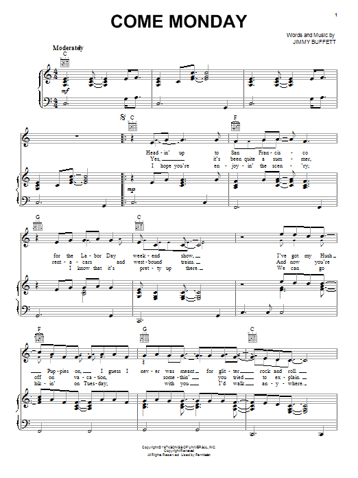 Jimmy Buffett Come Monday sheet music notes and chords arranged for Easy Piano
