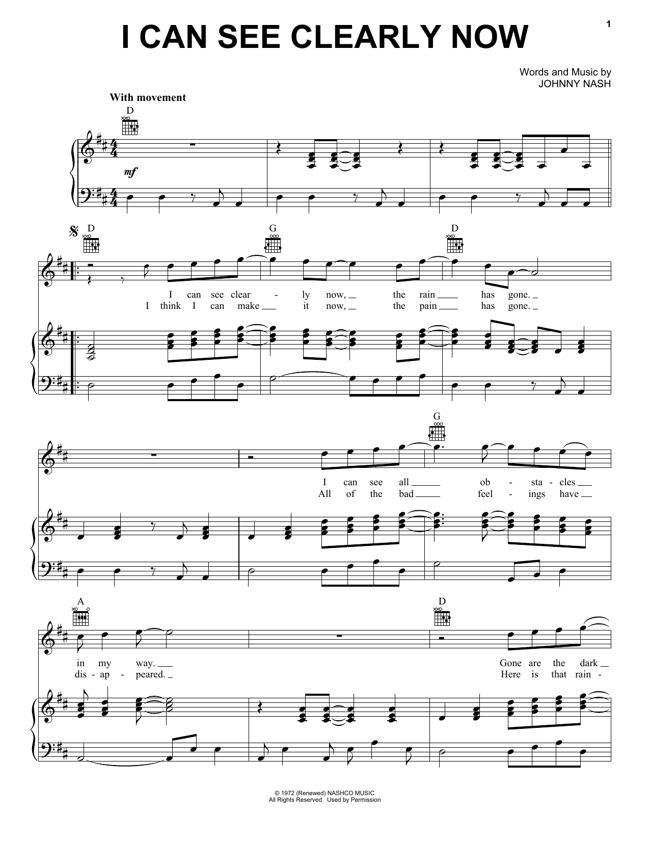 Jimmy Cliff I Can See Clearly Now sheet music notes and chords arranged for Piano Solo