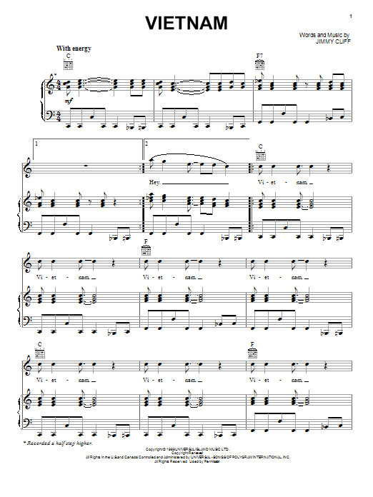 Jimmy Cliff Vietnam sheet music notes and chords arranged for Piano, Vocal & Guitar Chords (Right-Hand Melody)