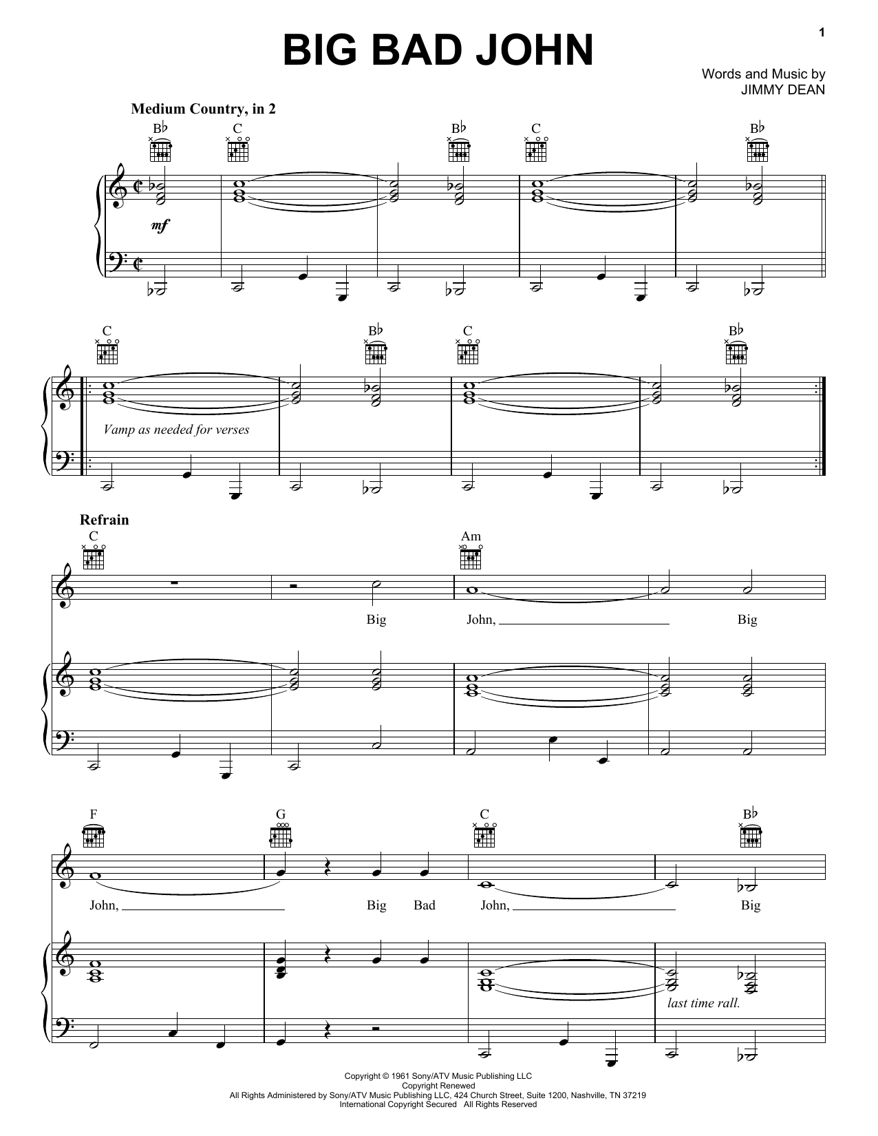 Jimmy Dean Big Bad John sheet music notes and chords arranged for Piano, Vocal & Guitar Chords (Right-Hand Melody)