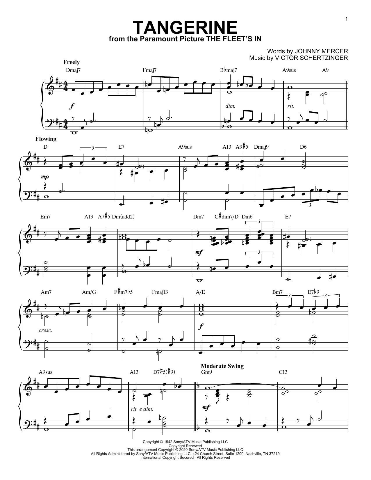 Jimmy Dorsey & His Orchestra Tangerine [Jazz version] (arr. Brent Edstrom) sheet music notes and chords arranged for Piano Solo