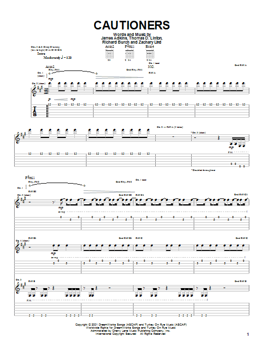 Jimmy Eat World Cautioners sheet music notes and chords arranged for Guitar Tab