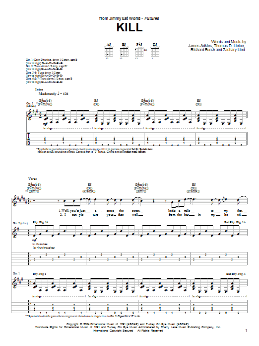 Jimmy Eat World Kill sheet music notes and chords arranged for Guitar Tab