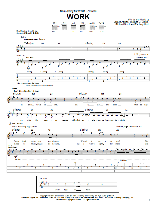 Jimmy Eat World Work sheet music notes and chords arranged for Guitar Tab