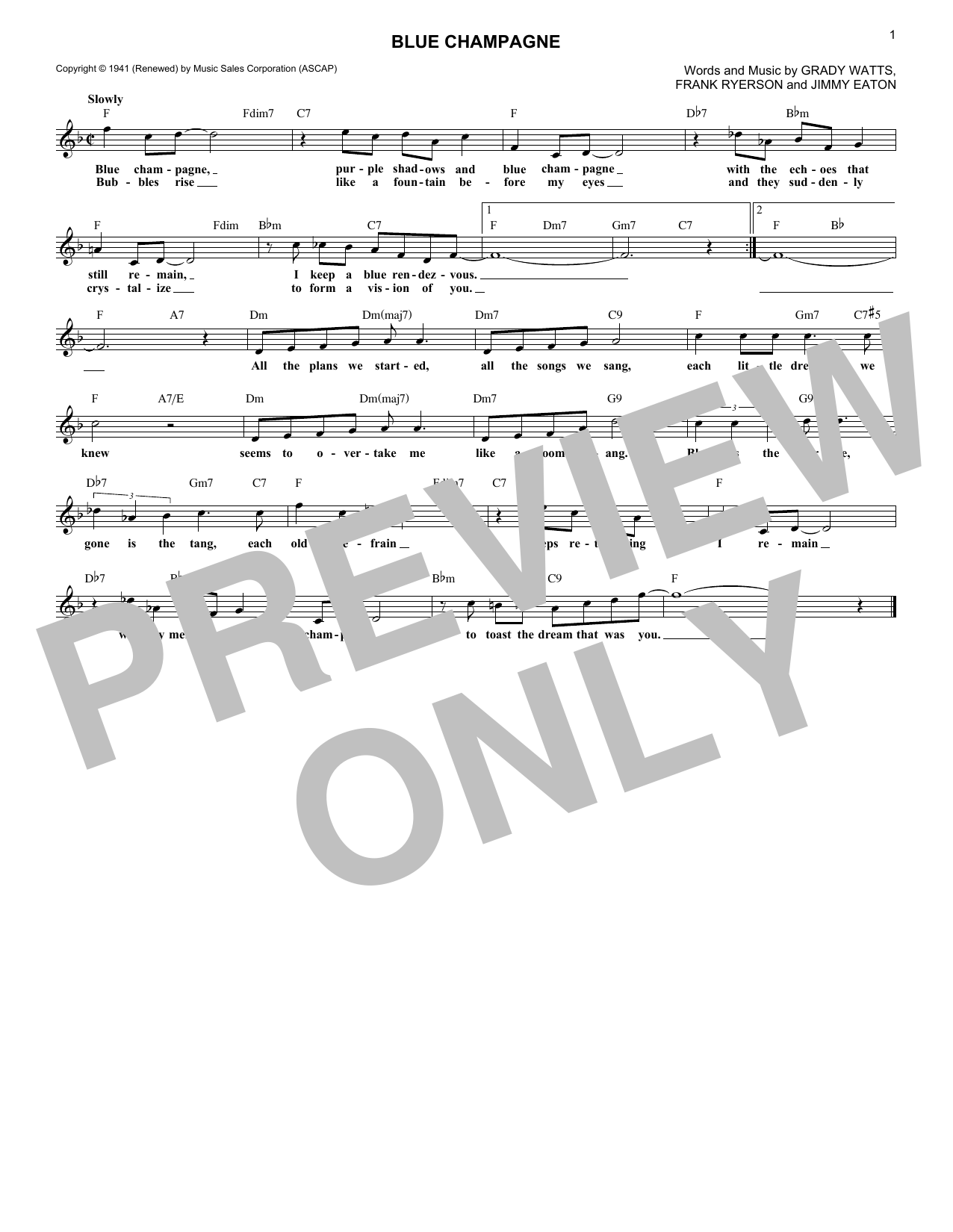 Jimmy Eaton Blue Champagne sheet music notes and chords arranged for Lead Sheet / Fake Book