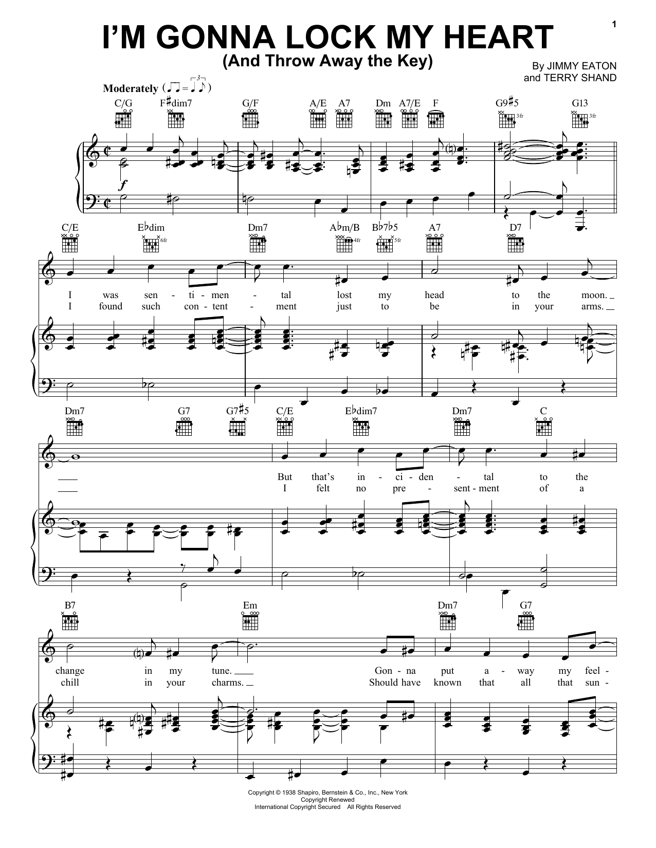 Jimmy Eaton I'm Gonna Lock My Heart (And Throw Away The Key) sheet music notes and chords arranged for Piano, Vocal & Guitar Chords (Right-Hand Melody)