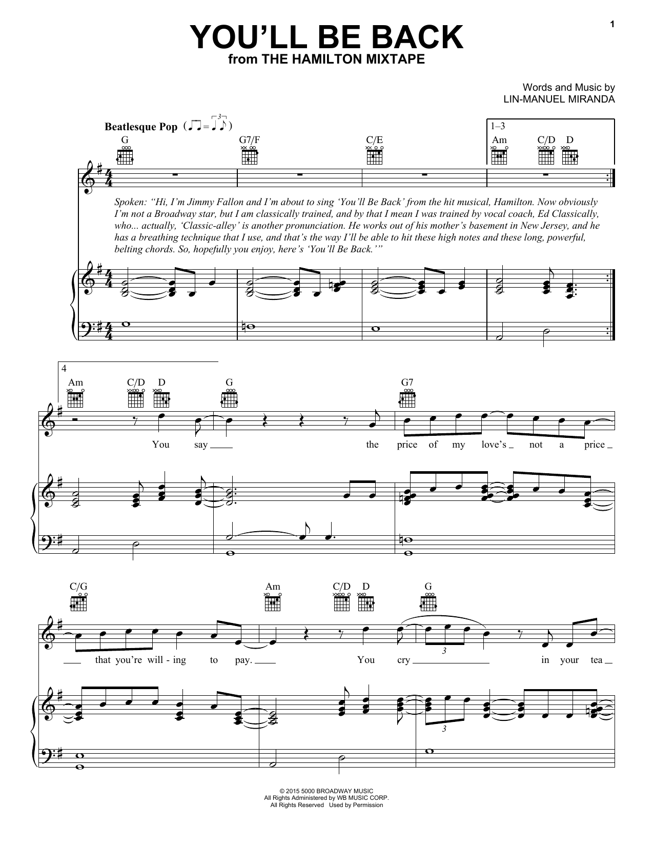 Jimmy Fallon, The Roots You'll Be Back sheet music notes and chords arranged for Piano, Vocal & Guitar Chords (Right-Hand Melody)