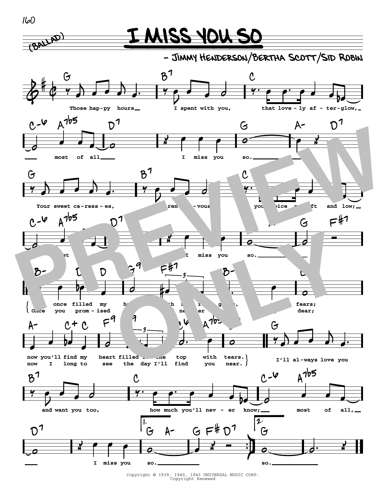 Jimmy Henderson I Miss You So (High Voice) sheet music notes and chords arranged for Real Book – Melody, Lyrics & Chords