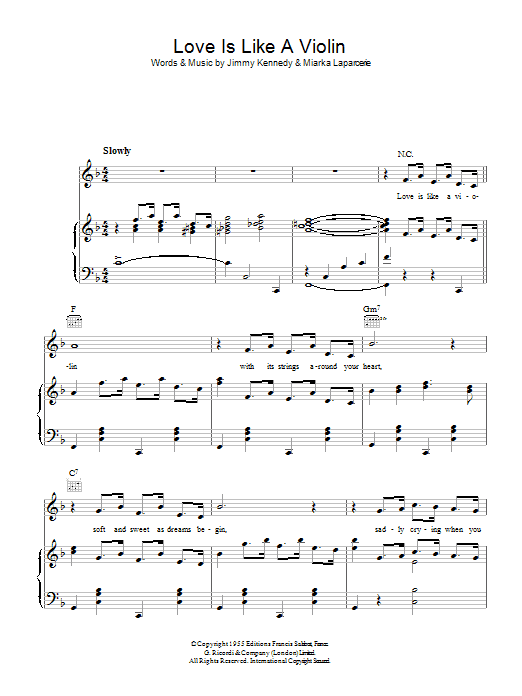 Jimmy Kennedy Love Is Like A Violin (Mon Coeur Est Un Violon) sheet music notes and chords arranged for Piano, Vocal & Guitar Chords