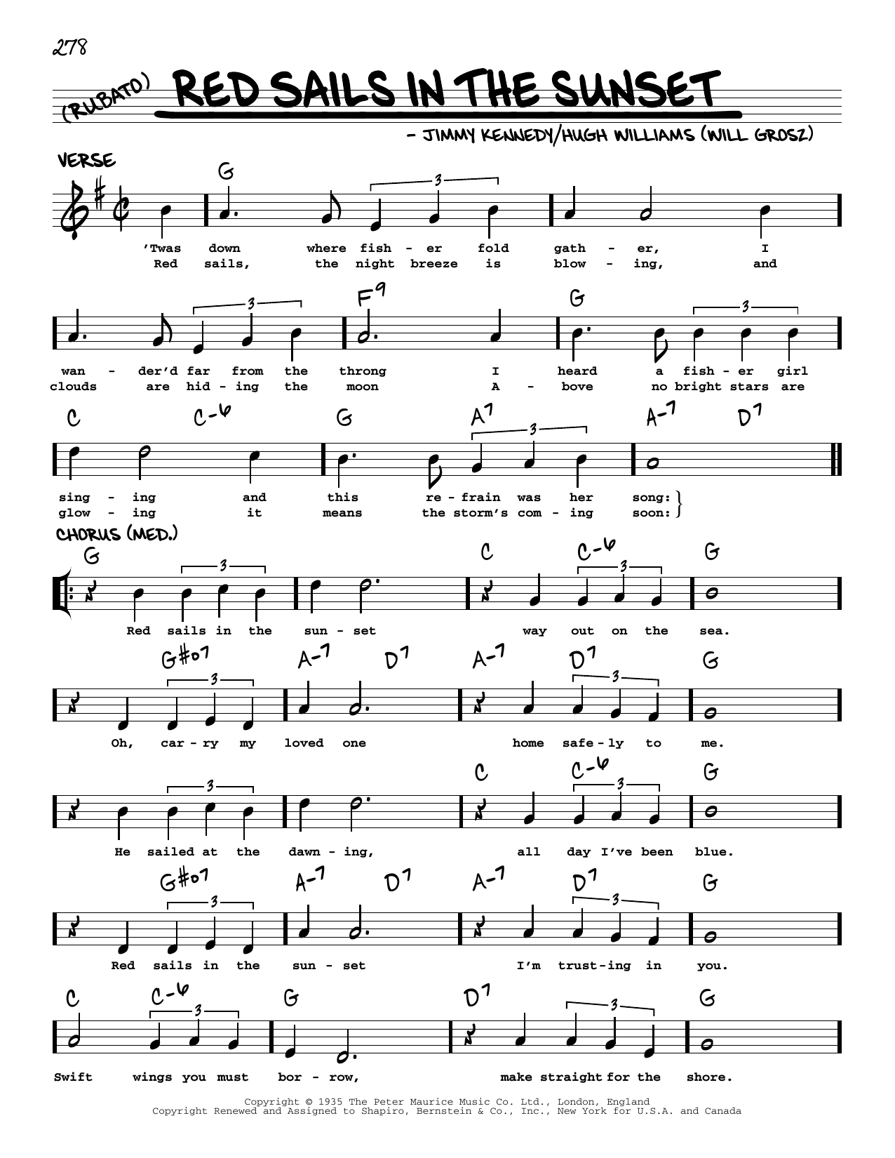 Jimmy Kennedy Red Sails In The Sunset (arr. Robert Rawlins) sheet music notes and chords arranged for Real Book – Melody, Lyrics & Chords