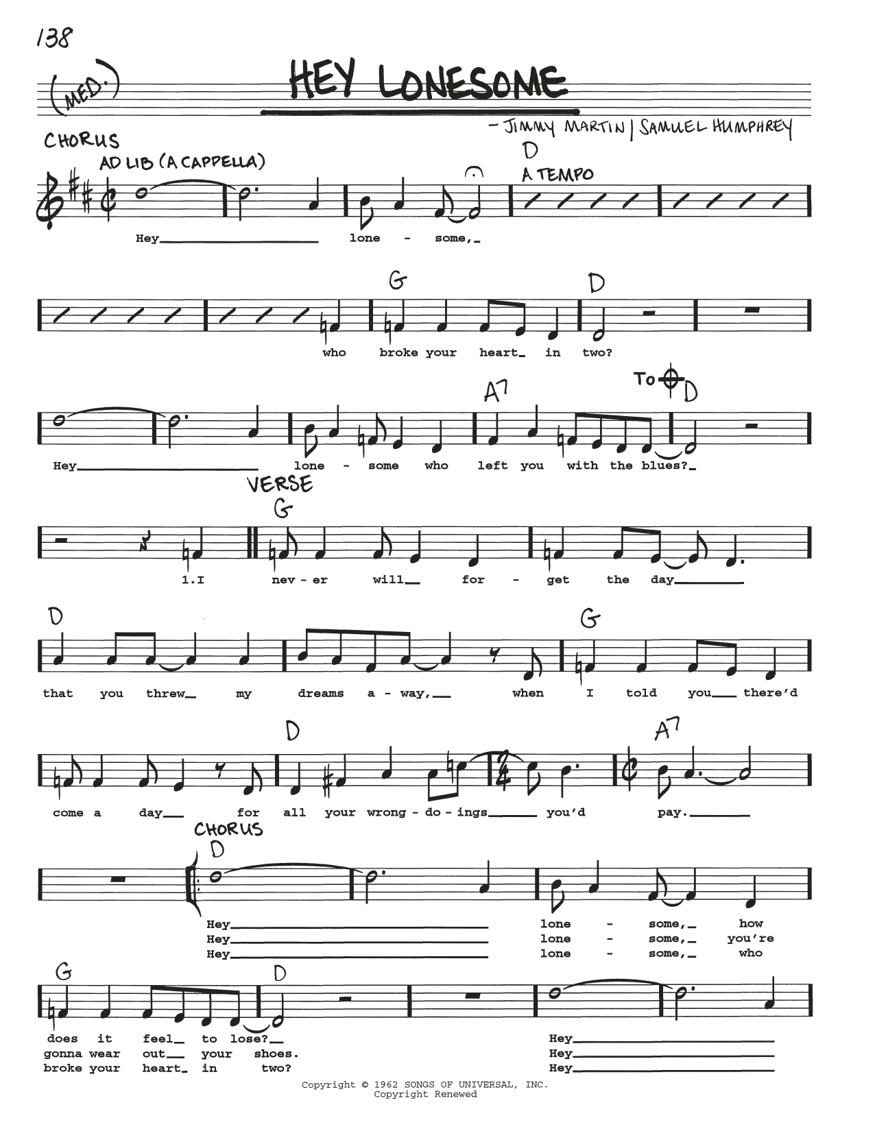 Jimmy Martin Hey Lonesome sheet music notes and chords arranged for Real Book – Melody, Lyrics & Chords