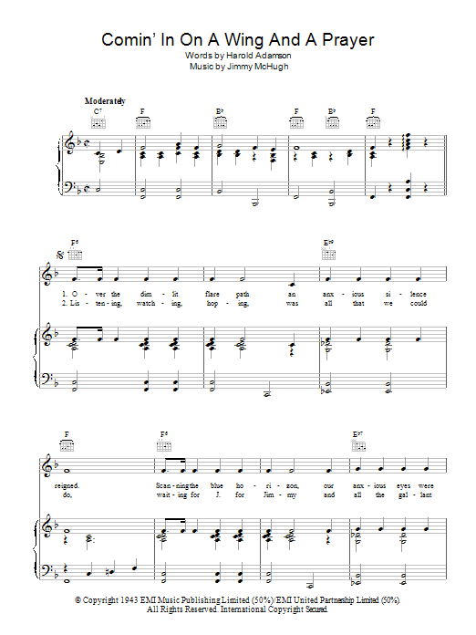 Jimmy McHugh Comin' In On A Wing And A Prayer sheet music notes and chords arranged for Piano, Vocal & Guitar Chords