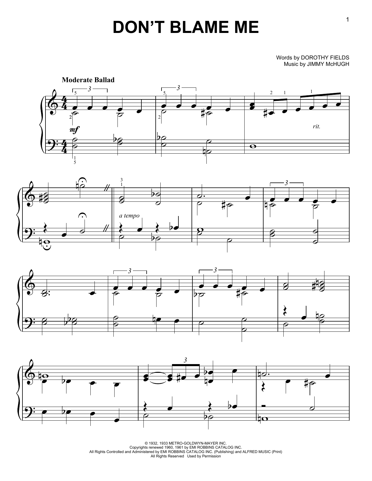 Jimmy McHugh Don't Blame Me sheet music notes and chords arranged for Lead Sheet / Fake Book