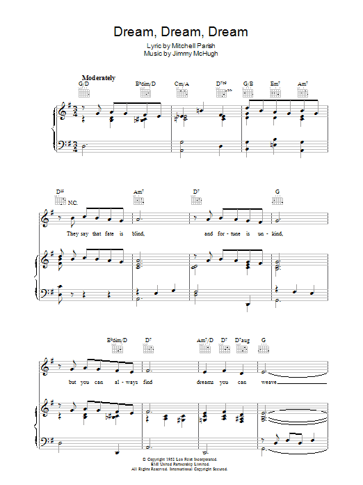 Jimmy McHugh Dream Dream Dream sheet music notes and chords arranged for Piano, Vocal & Guitar Chords