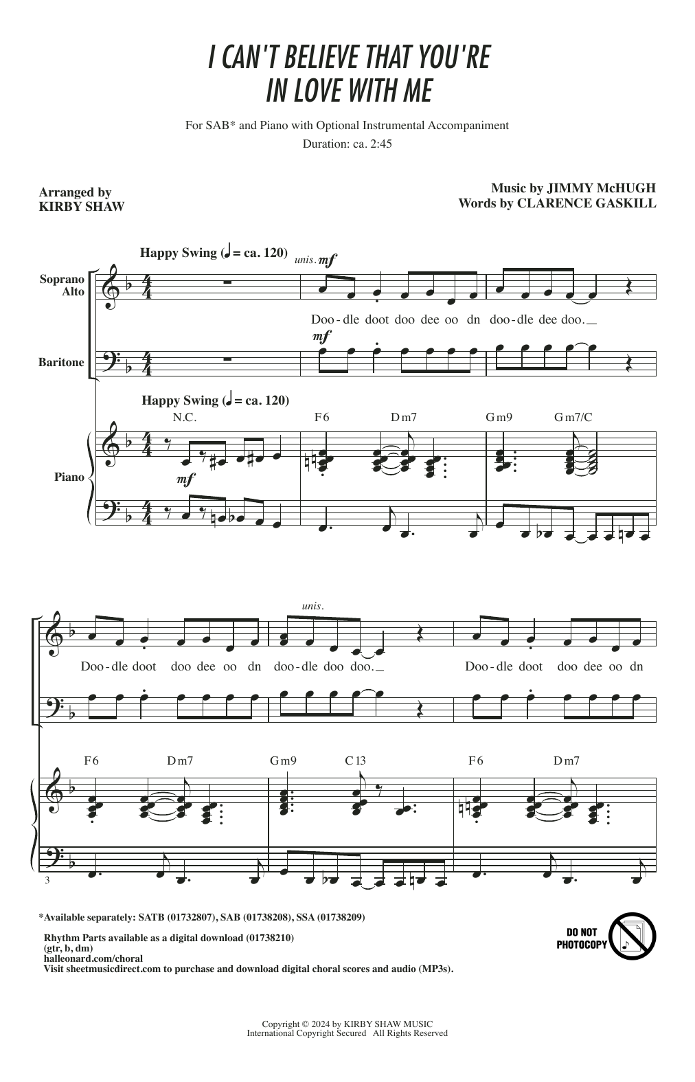 Jimmy McHugh I Can't Believe That You're In Love With Me (arr. Kirby Shaw) sheet music notes and chords arranged for SSA Choir