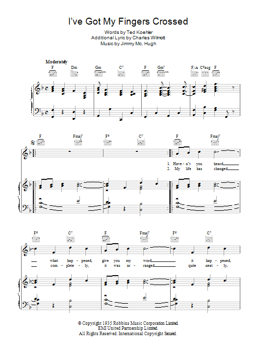 Jimmy McHugh I've Got My Fingers Crossed sheet music notes and chords arranged for Piano, Vocal & Guitar Chords