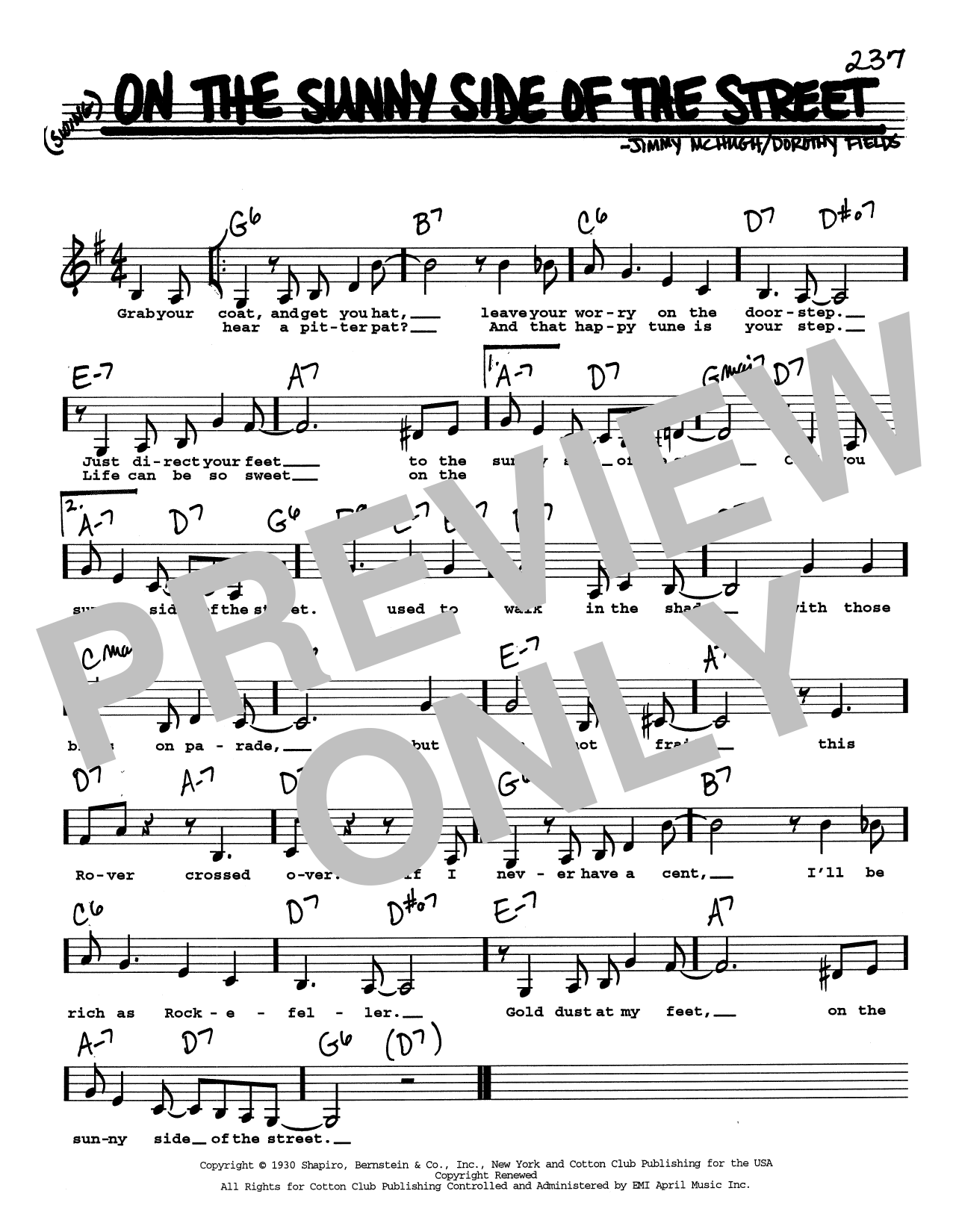 Jimmy McHugh On The Sunny Side Of The Street (Low Voice) sheet music notes and chords arranged for Real Book – Melody, Lyrics & Chords