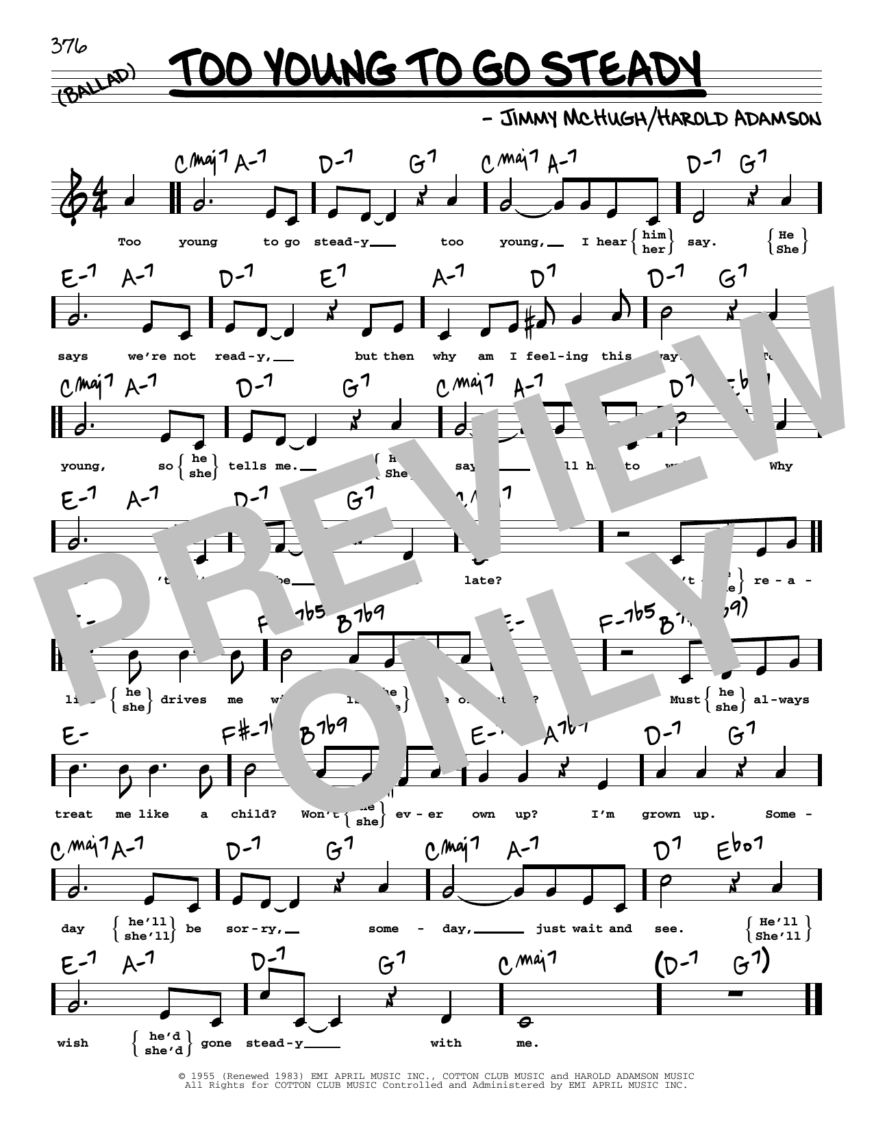 Jimmy McHugh Too Young To Go Steady (High Voice) sheet music notes and chords arranged for Real Book – Melody, Lyrics & Chords