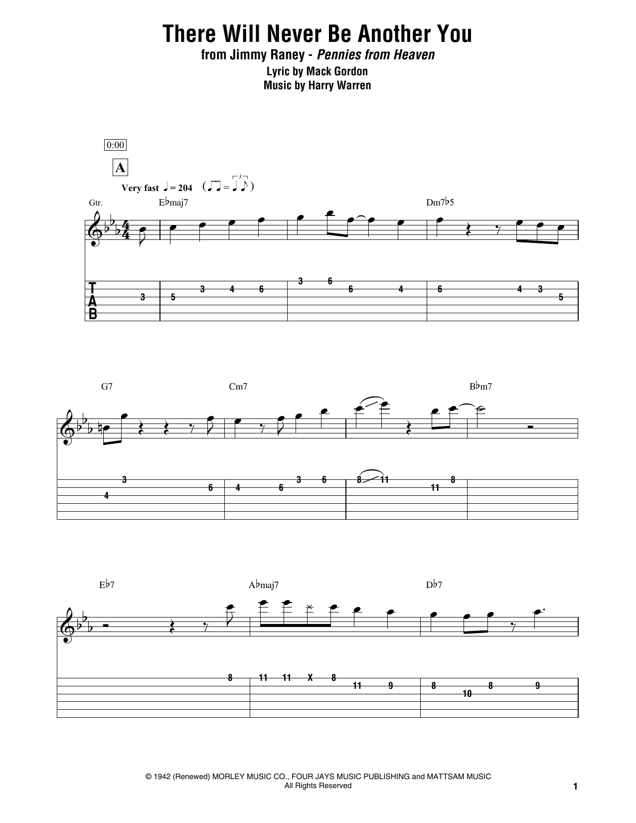Jimmy Raney There Will Never Be Another You sheet music notes and chords arranged for Electric Guitar Transcription
