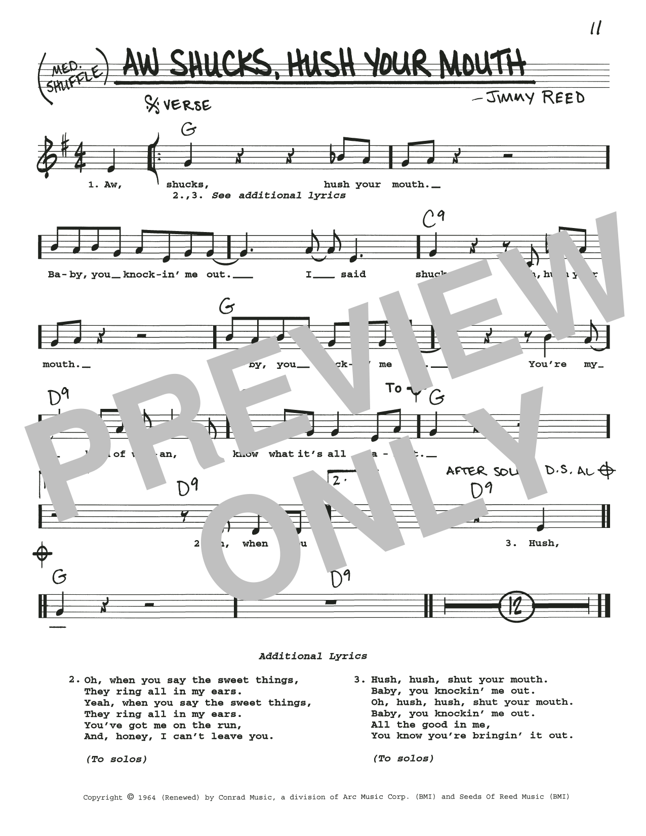 Jimmy Reed Aw Shucks, Hush Your Mouth sheet music notes and chords arranged for Real Book – Melody, Lyrics & Chords