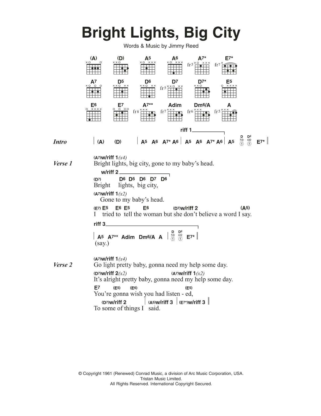 Jimmy Reed Bright Lights, Big City sheet music notes and chords arranged for Guitar Chords/Lyrics