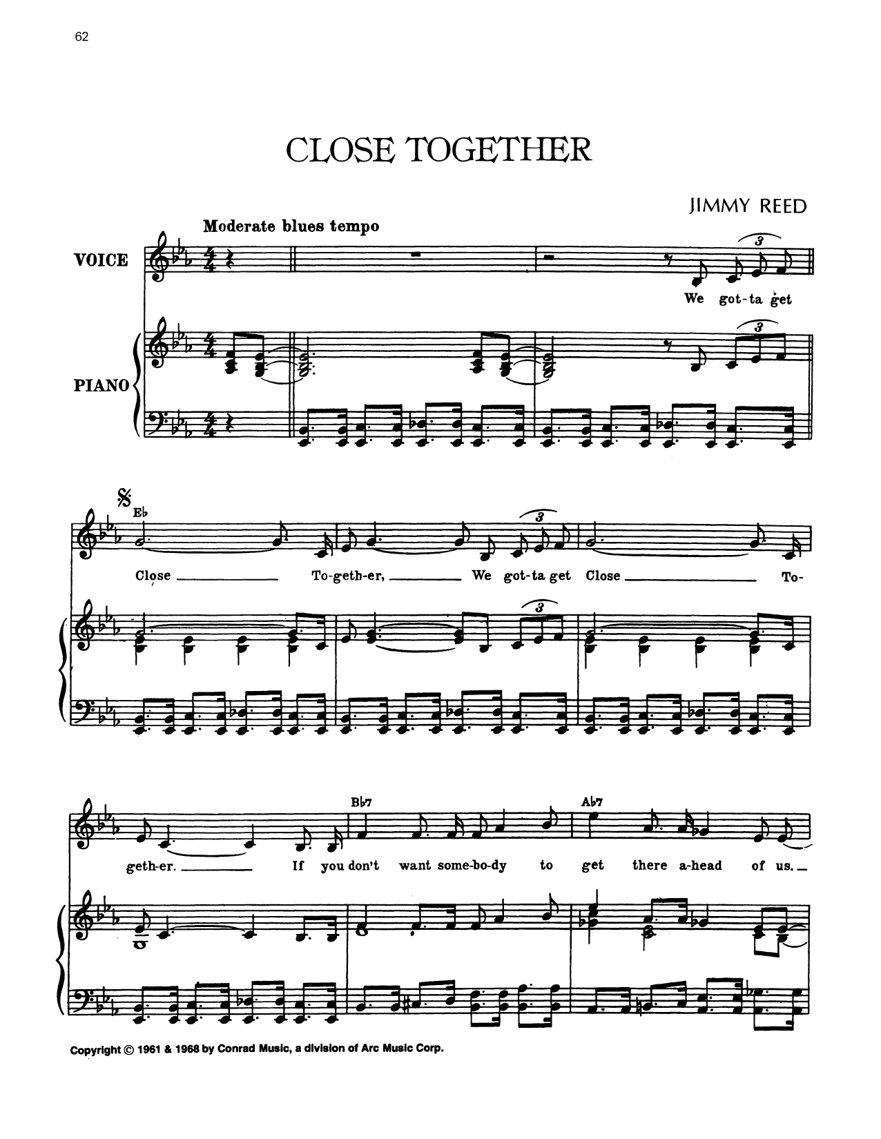 Jimmy Reed Close Together sheet music notes and chords arranged for Piano, Vocal & Guitar Chords (Right-Hand Melody)