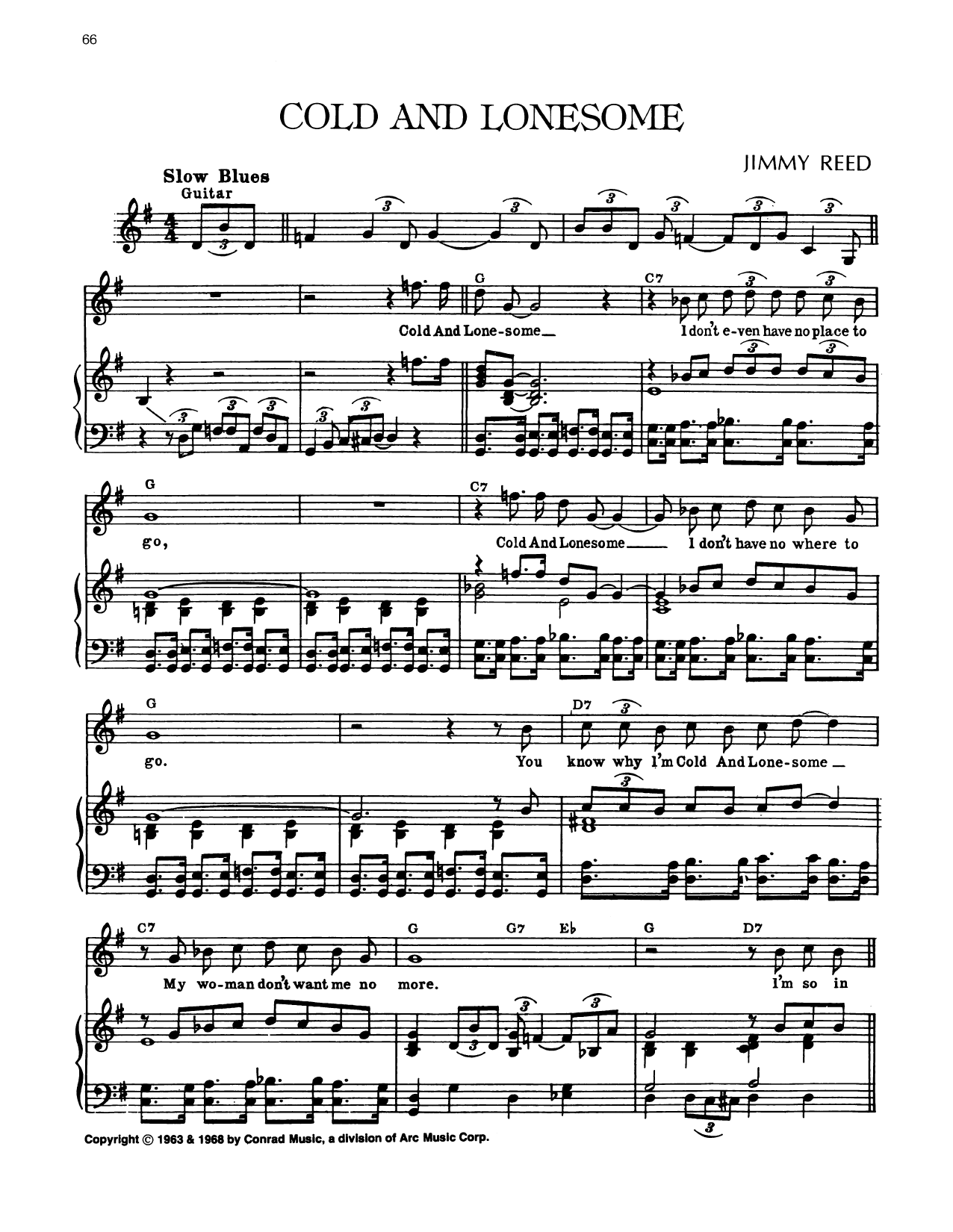 Jimmy Reed Cold And Lonesome sheet music notes and chords arranged for Piano, Vocal & Guitar Chords (Right-Hand Melody)