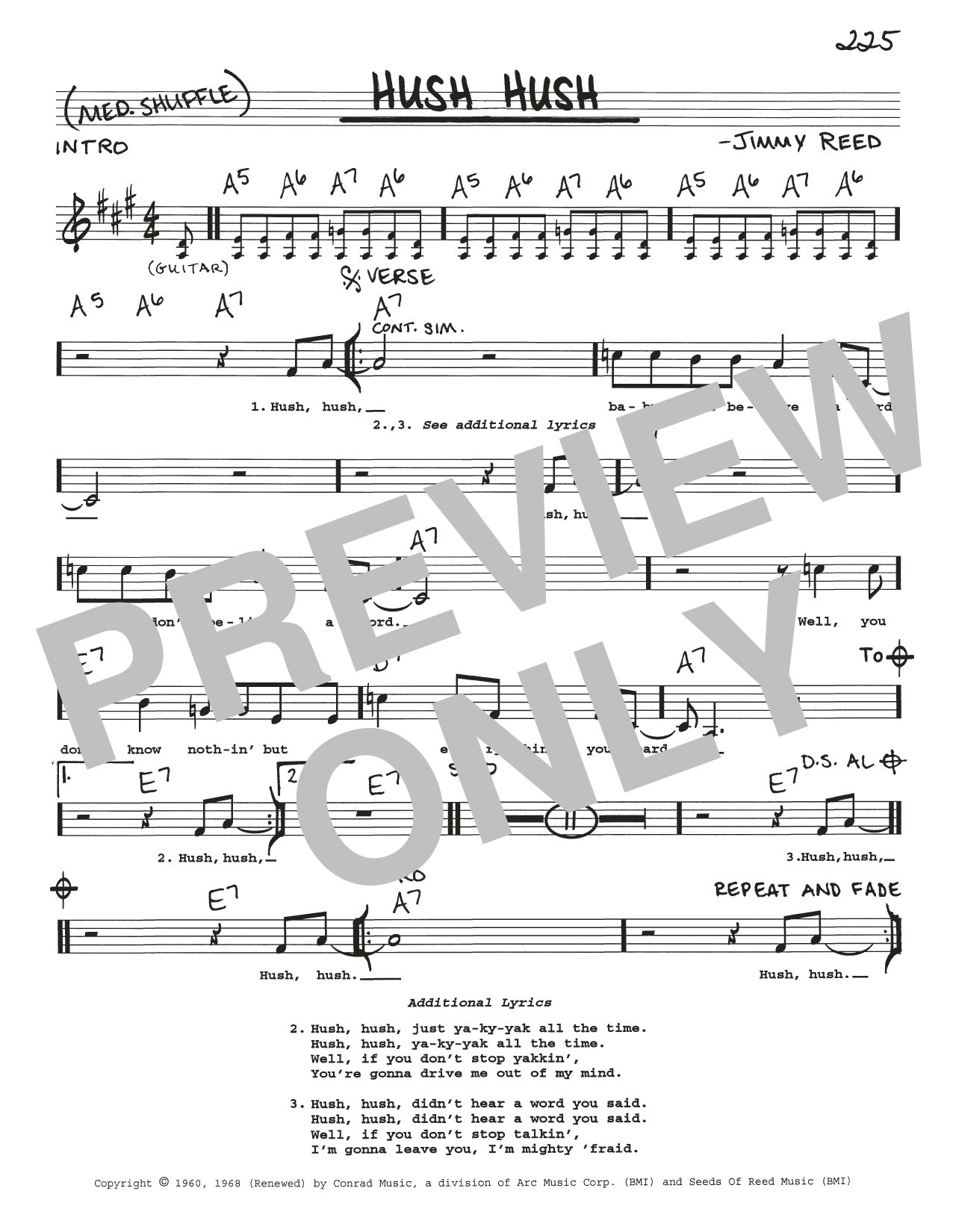 Jimmy Reed Hush Hush sheet music notes and chords arranged for Real Book – Melody, Lyrics & Chords