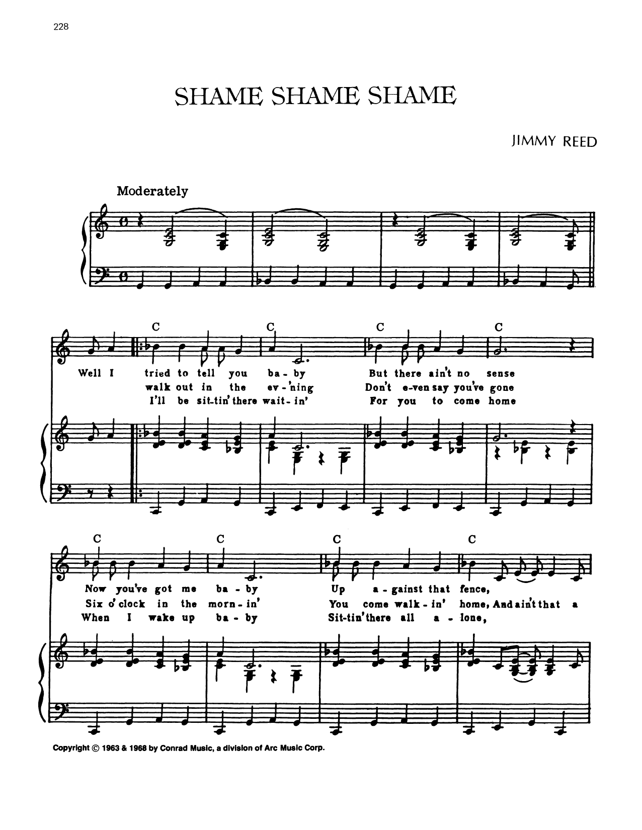 Jimmy Reed Shame, Shame, Shame sheet music notes and chords arranged for Piano, Vocal & Guitar Chords (Right-Hand Melody)