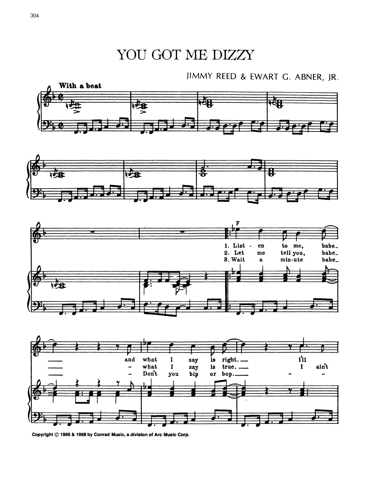 Jimmy Reed You Got Me Dizzy sheet music notes and chords arranged for Piano, Vocal & Guitar Chords (Right-Hand Melody)