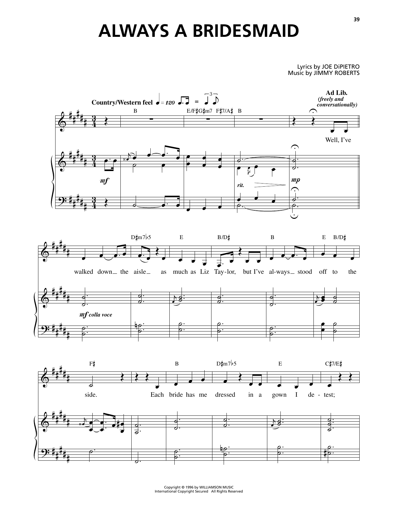 Jimmy Roberts Always A Bridesmaid (from I Love You, You're Perfect, Now Change) sheet music notes and chords arranged for Piano & Vocal