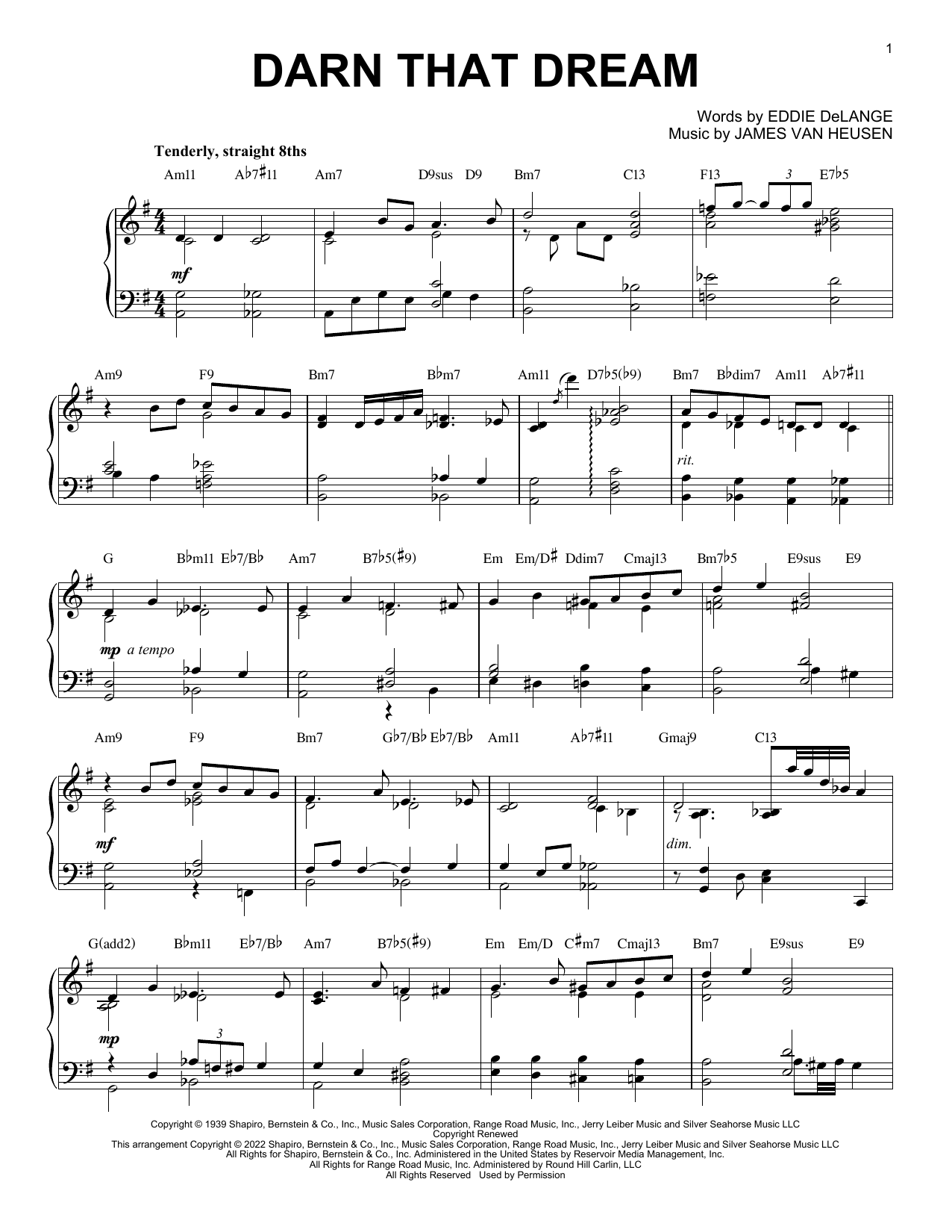 Jimmy Van Heusen Darn That Dream [Jazz version] (arr. Brent Edstrom) sheet music notes and chords arranged for Piano Solo