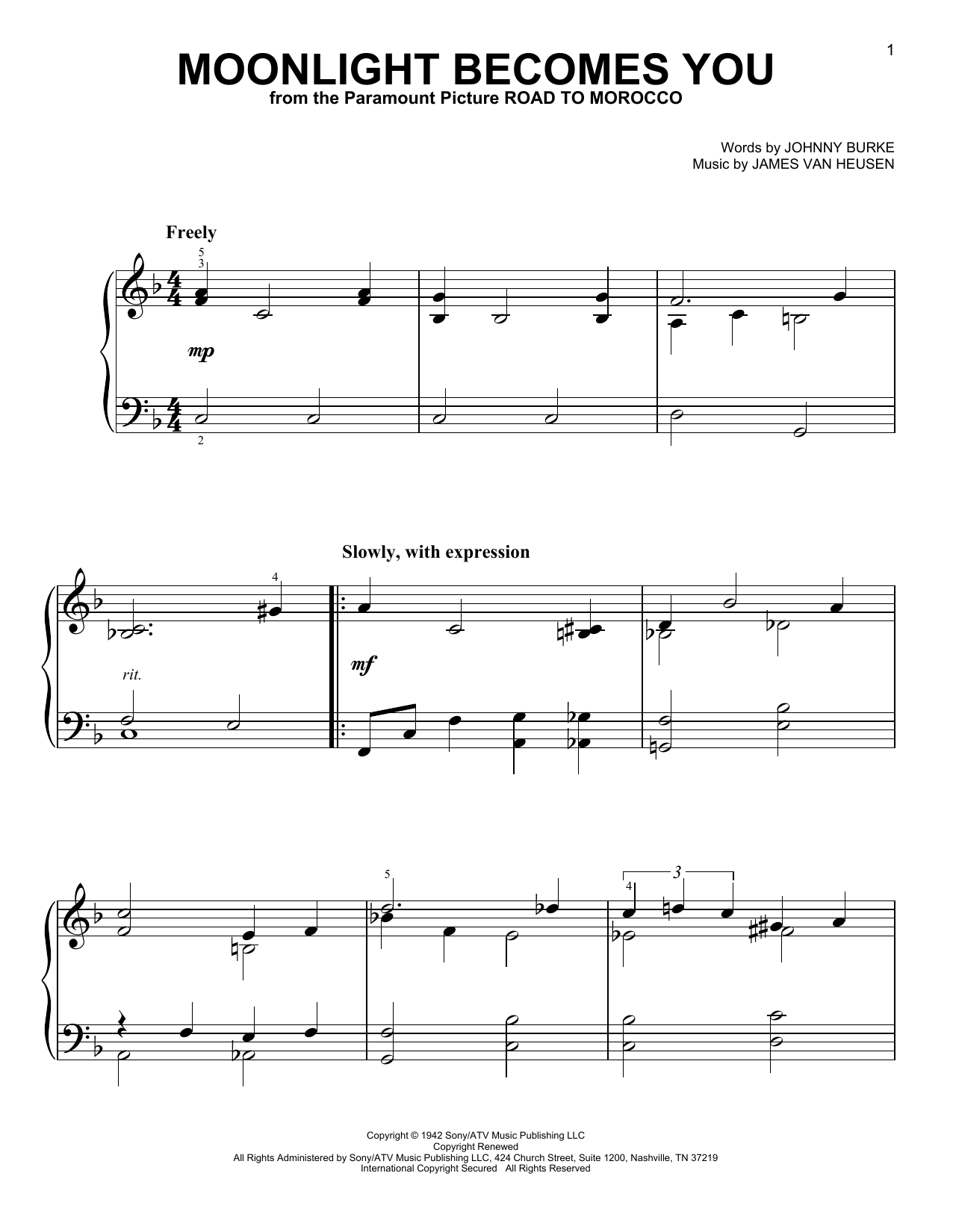 Jimmy Van Heusen Moonlight Becomes You sheet music notes and chords arranged for Lead Sheet / Fake Book