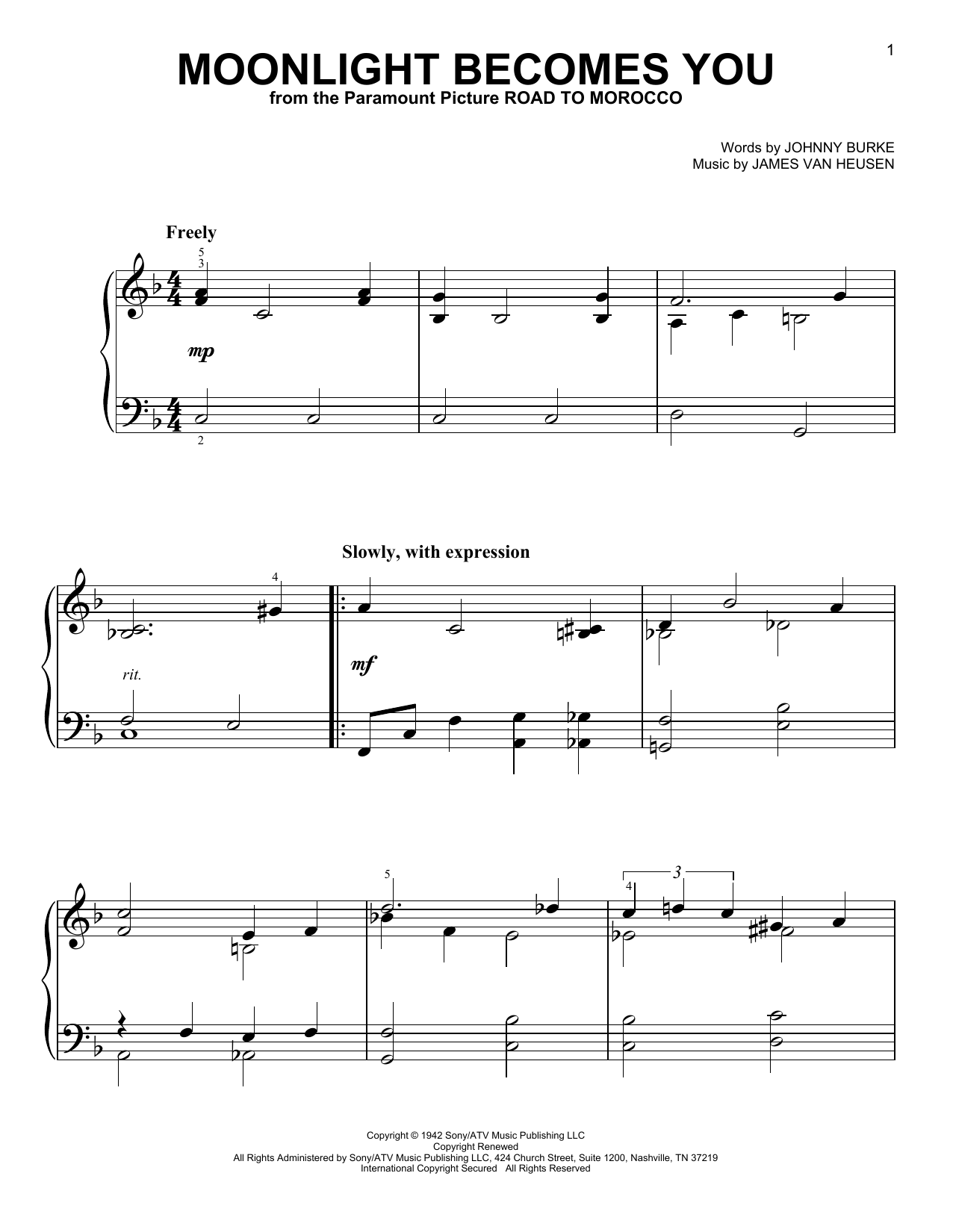 Jimmy Van Heusen Moonlight Becomes You sheet music notes and chords arranged for Easy Lead Sheet / Fake Book