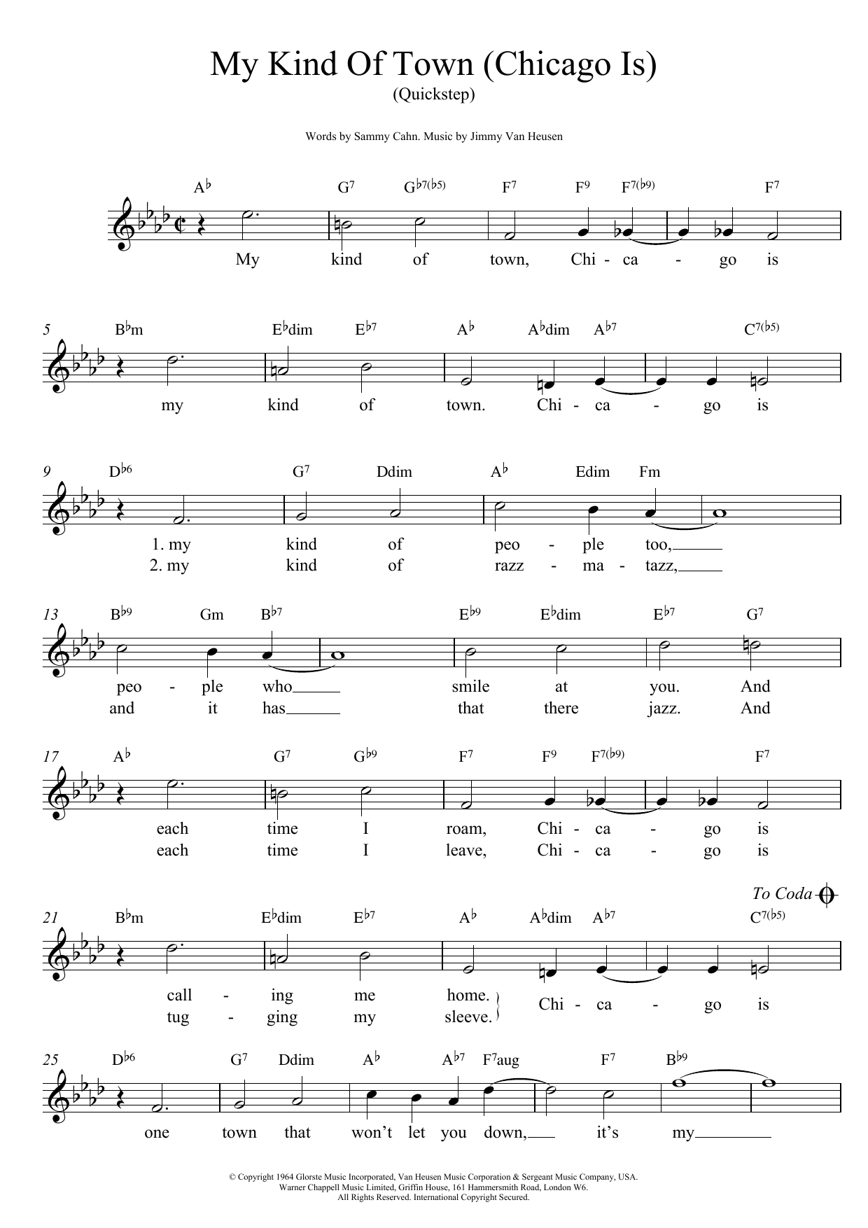 Jimmy Van Heusen My Kind Of Town (Chicago Is) sheet music notes and chords arranged for Lead Sheet / Fake Book