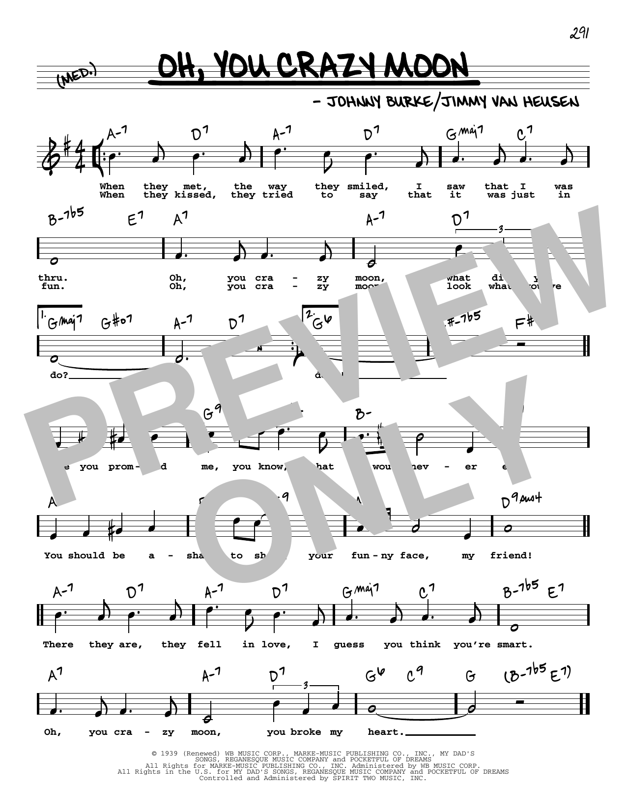Jimmy Van Heusen Oh, You Crazy Moon (High Voice) sheet music notes and chords arranged for Real Book – Melody, Lyrics & Chords