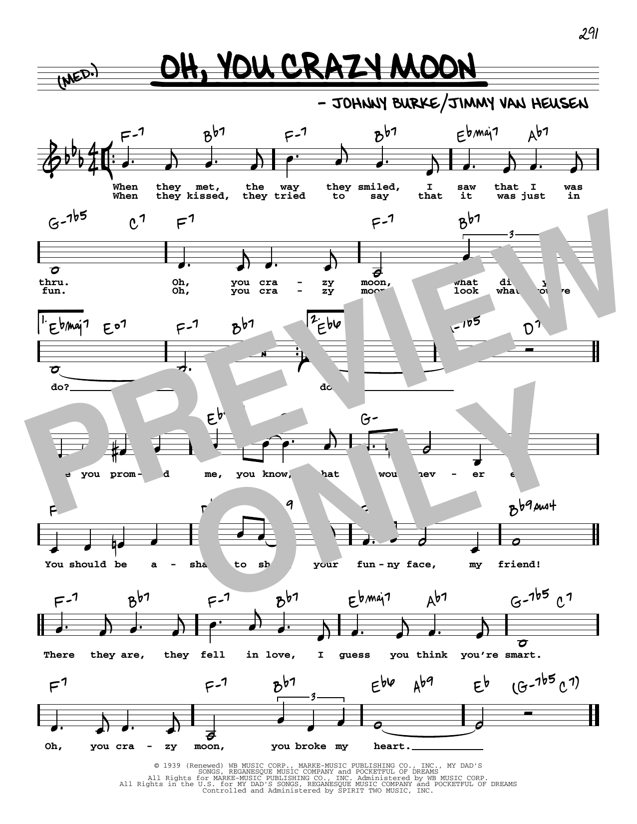Jimmy Van Heusen Oh, You Crazy Moon (Low Voice) sheet music notes and chords arranged for Real Book – Melody, Lyrics & Chords