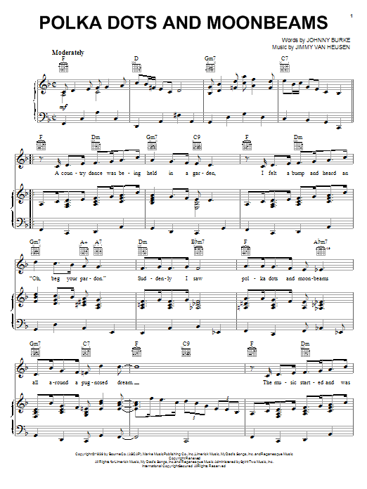 Jimmy Van Heusen Polka Dots And Moonbeams sheet music notes and chords arranged for Piano, Vocal & Guitar Chords (Right-Hand Melody)