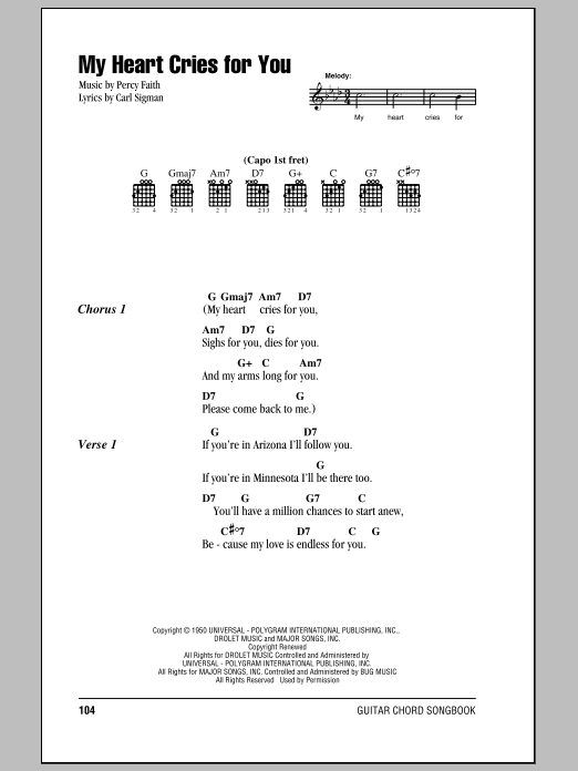 Jimmy Wakely My Heart Cries For You sheet music notes and chords arranged for Piano, Vocal & Guitar Chords (Right-Hand Melody)