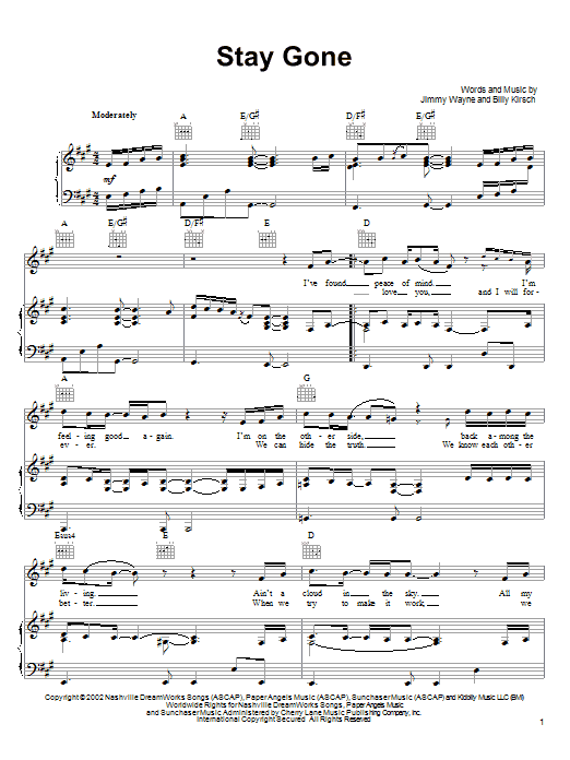 Jimmy Wayne Stay Gone sheet music notes and chords arranged for Piano, Vocal & Guitar Chords (Right-Hand Melody)