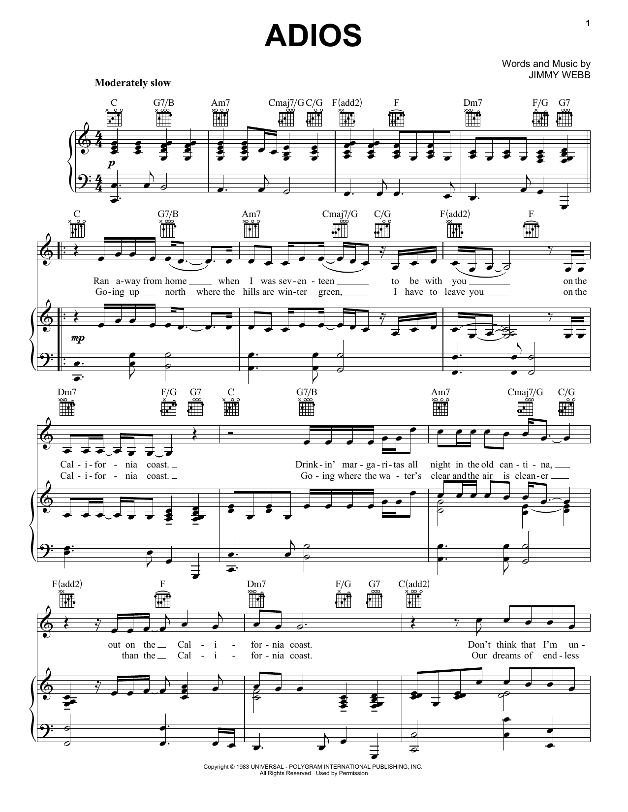 Jimmy Webb Adios sheet music notes and chords arranged for Piano, Vocal & Guitar Chords (Right-Hand Melody)