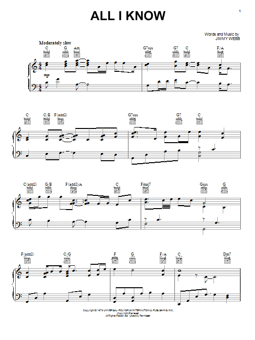 Jimmy Webb All I Know sheet music notes and chords arranged for Piano, Vocal & Guitar Chords (Right-Hand Melody)