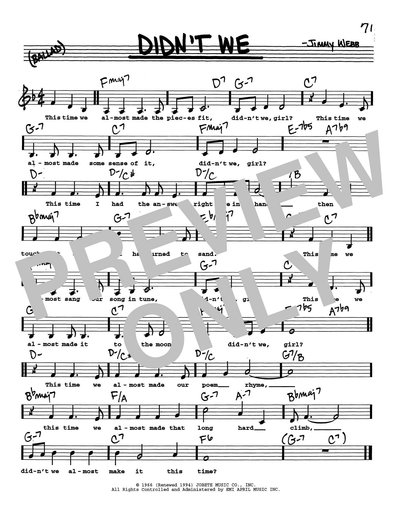 Jimmy Webb Didn't We (Low Voice) sheet music notes and chords arranged for Real Book – Melody, Lyrics & Chords